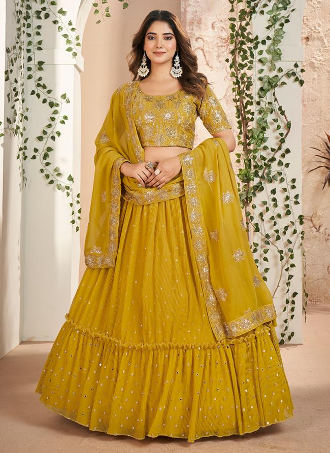 Faux Georgette Mustard Traditional Wear Thread Work Lehenga Choli